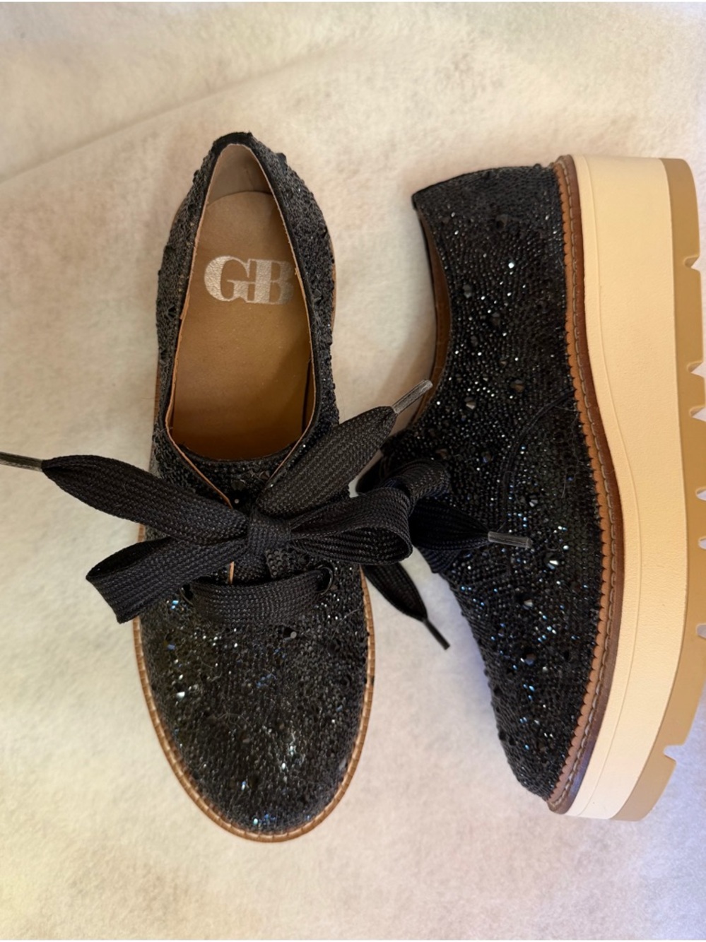 Gianni Bini Black Sparkle Lace-Up Platform Oxfords with Tan Platform